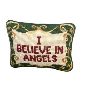 I believe in angels needle point vintage pillow green velour back